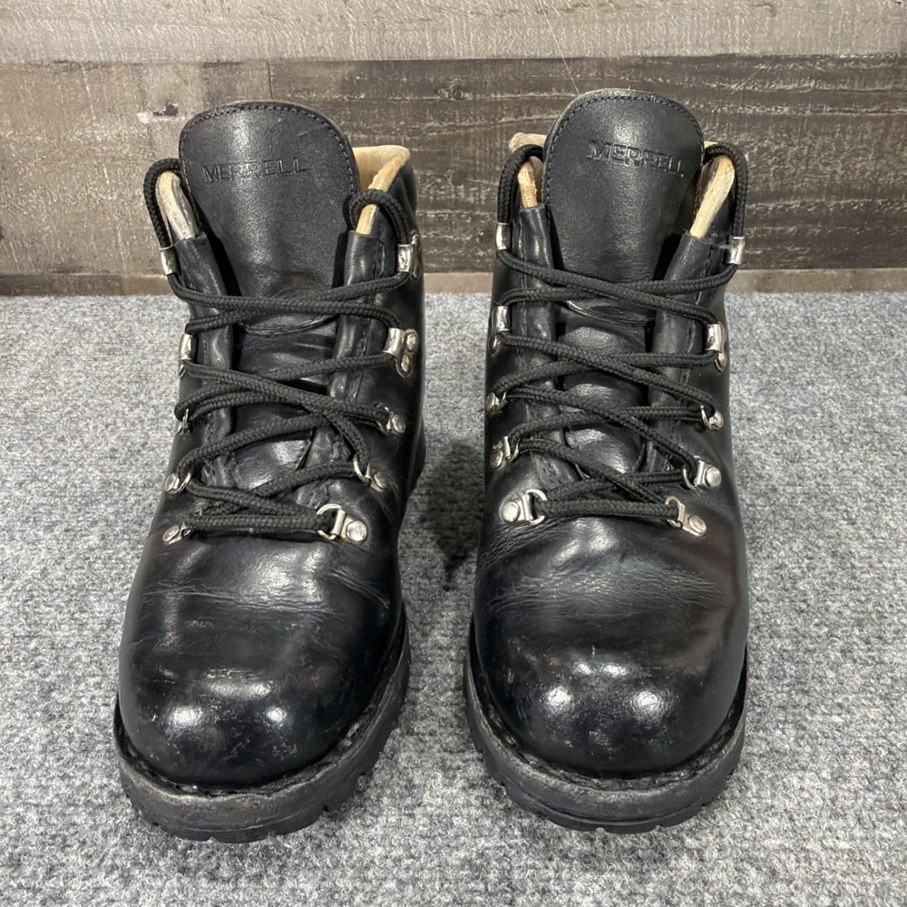 Merrell Wilderness Black Leather Hiking Boots Womens 7 M Vintage Made In Italy - Picture 2 of 15